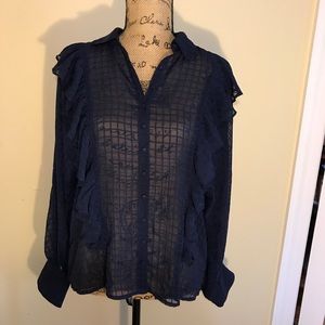 Free People sheer navy checked blouse with ruffles